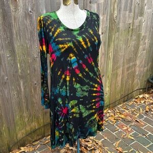 Tie Dya long sleeve stretchy dress , Black base with bright color patternn